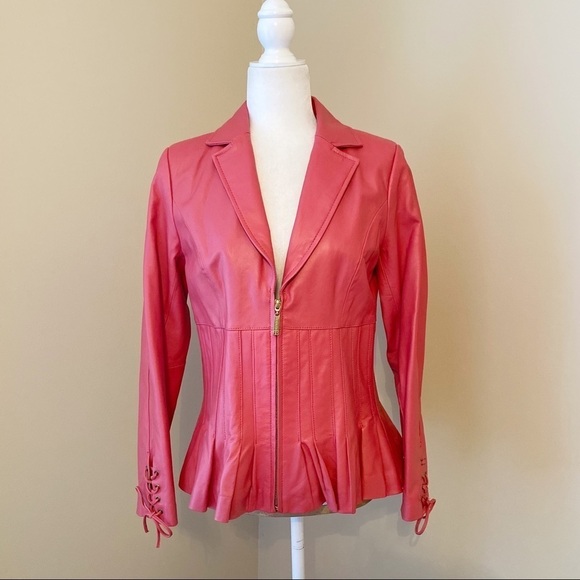 Bradley Bayou 100% Leather Peplum Ruffle Zip Front Jacket - XXS - Picture 1 of 15